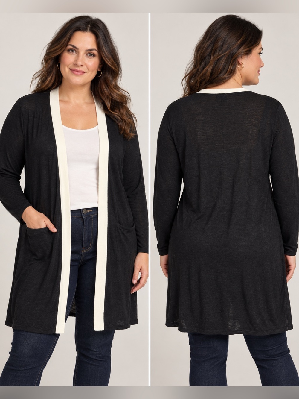 Talbots XL Black Linen Blend Long Open Front Cardigan Ivory Trim Pockets Office